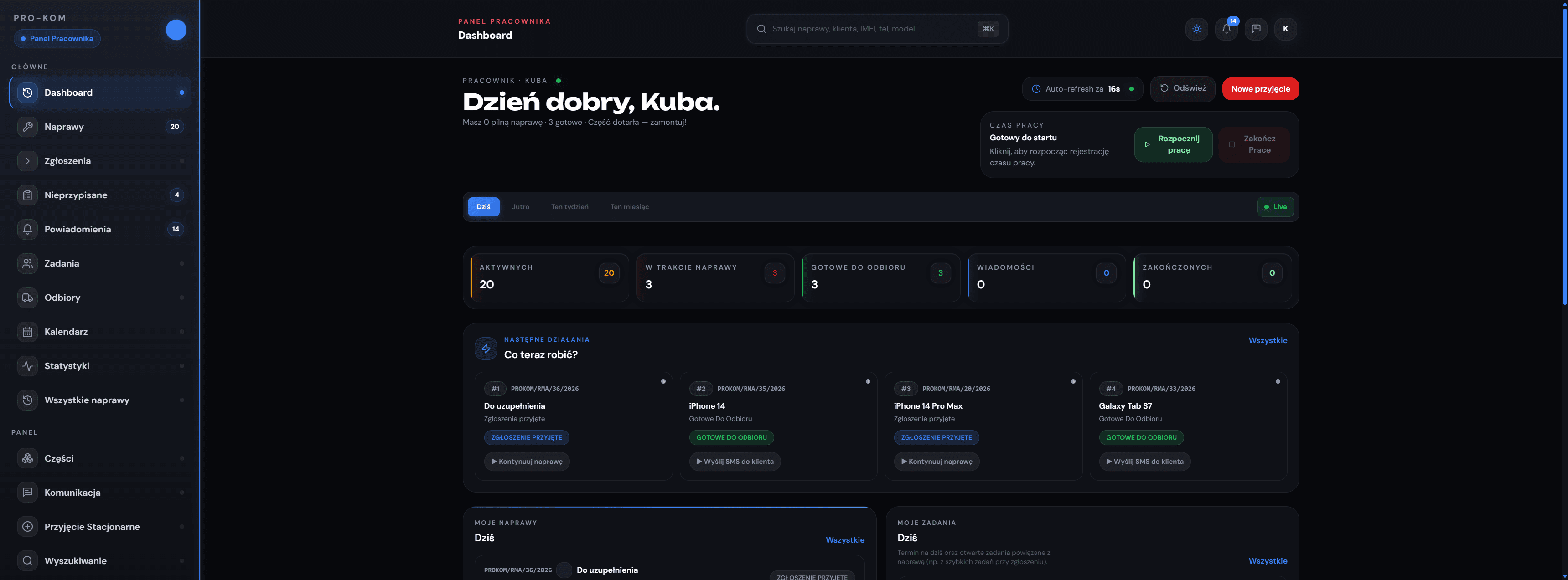 PRO-KOM Serwis System — staff dashboard with repair counters and next action cards