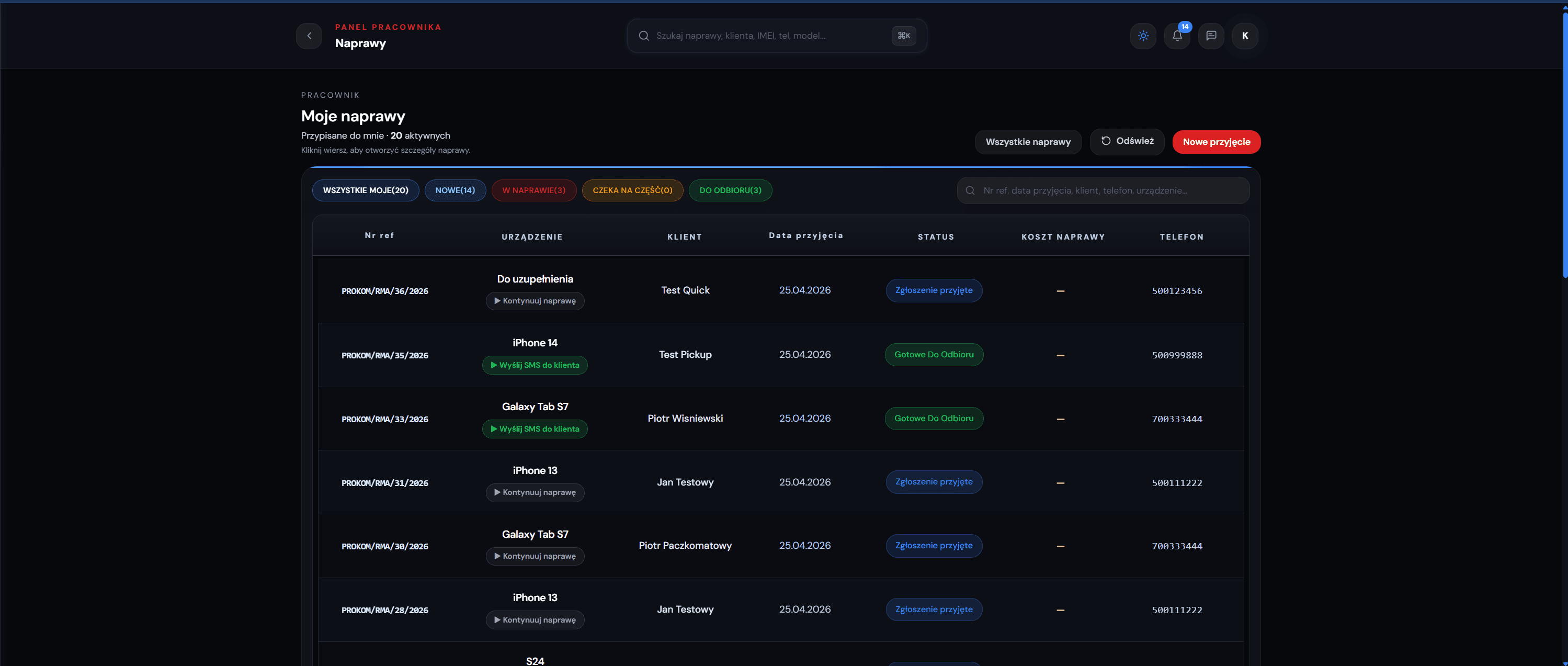 PRO-KOM Serwis System — list of repairs assigned to a staff member with status filters