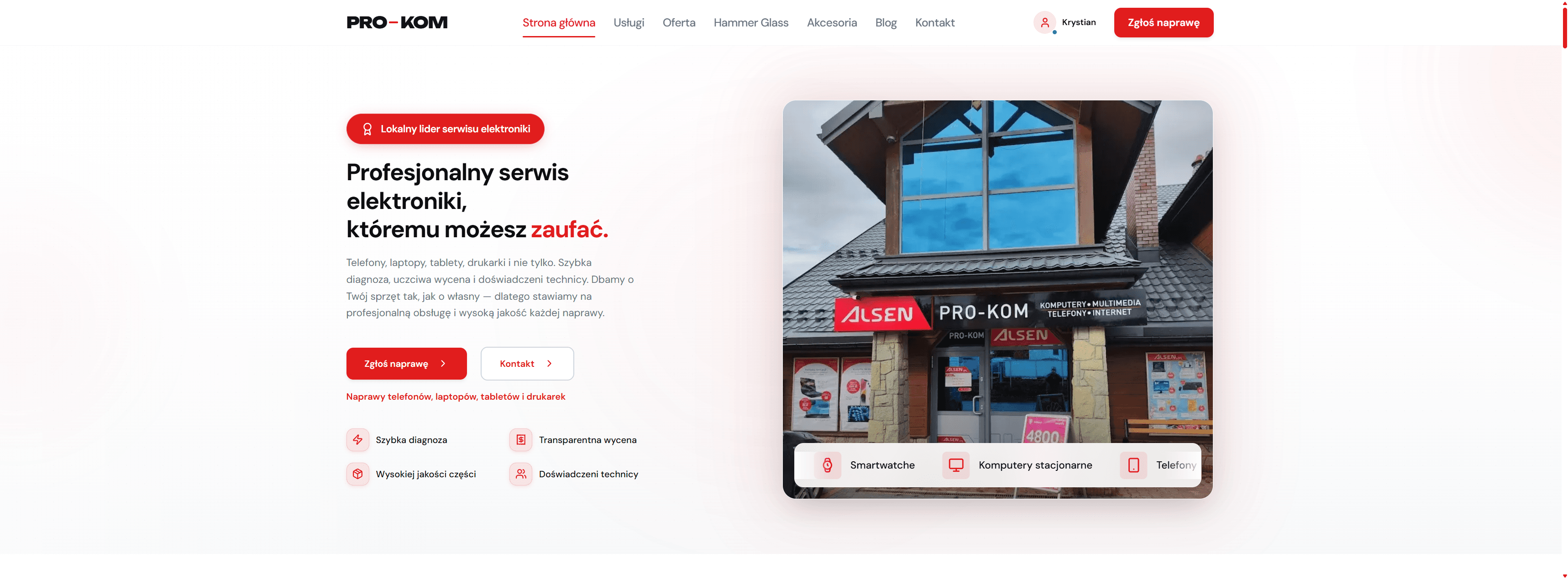 PRO-KOM Serwis System — public service homepage with repair request CTA